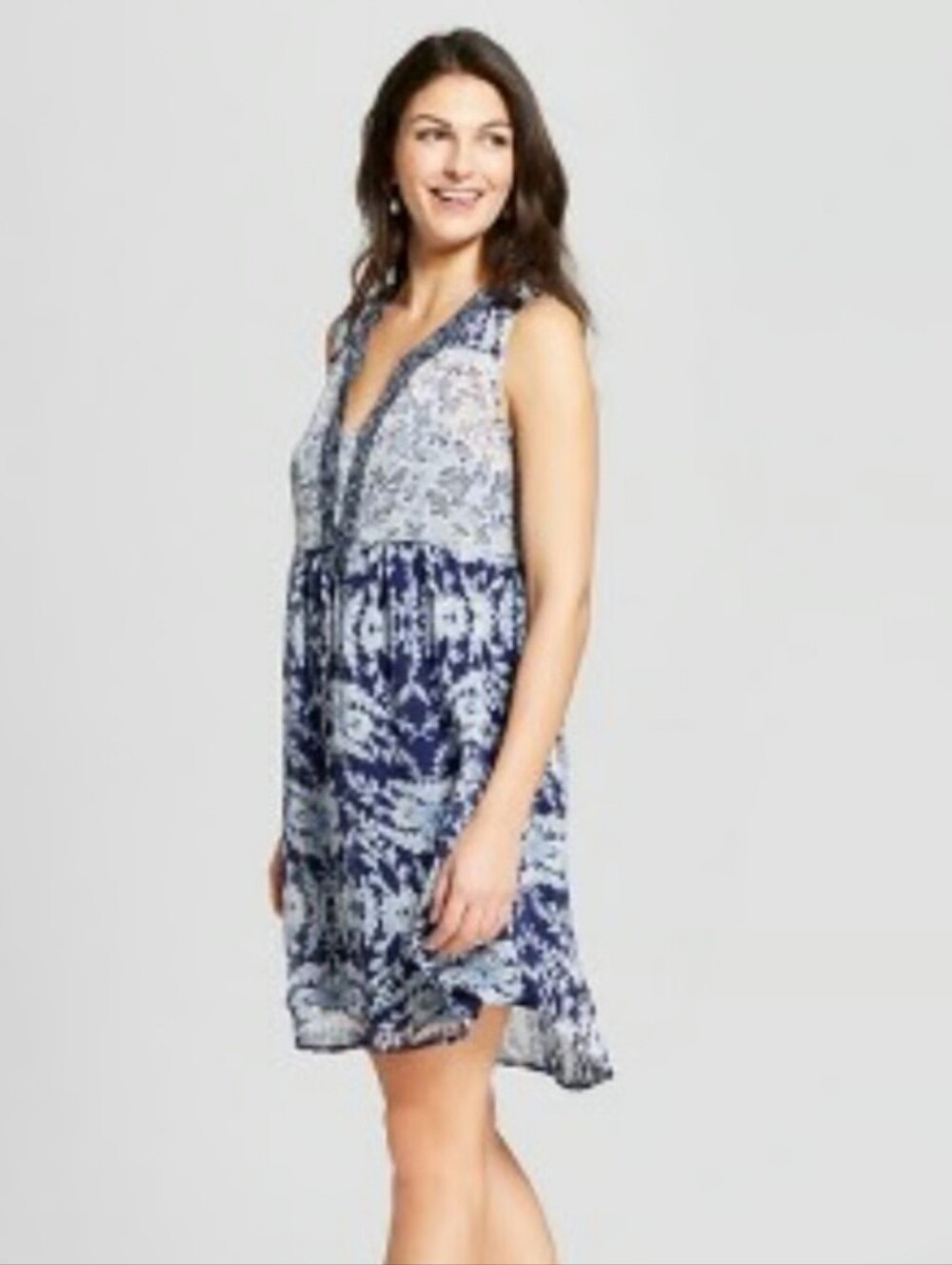Knox Rose Navy & White Floral Split-Front Sleeveless Sheer Mini Dress